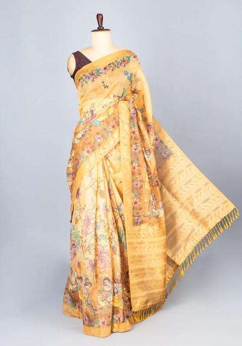 Beige Woven Art Chanderi Silk Cotton Saree With Printed Musical Motifs For Women