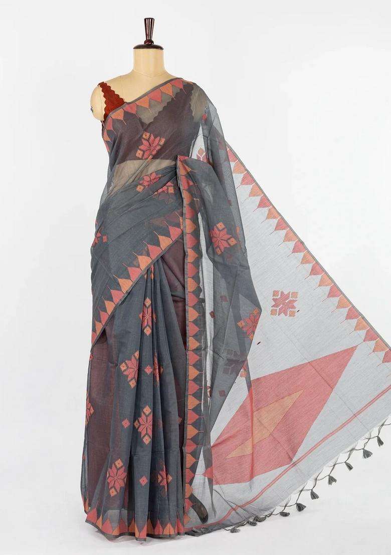 Grey Woven Synthetic Tussar Saree With Floral Motifs Temple Border With Korvai And Temple Border Design For Women - Indya