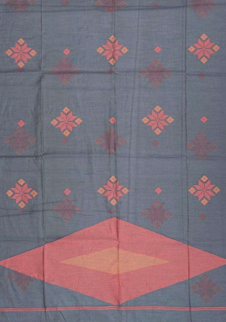 Grey Woven Synthetic Tussar Saree With Floral Motifs Temple Border With Korvai And Temple Border Design For Women - Indya