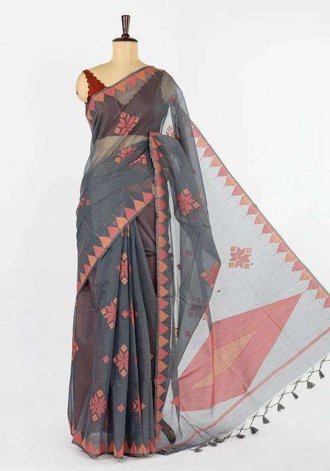 Grey Woven Synthetic Tussar Saree With Floral Motifs Temple Border With Korvai And Temple Border Design For Women