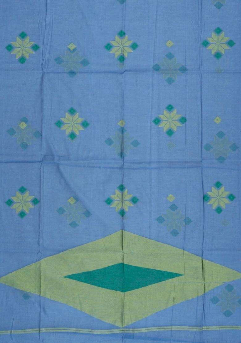 Blue Woven Synthetic Tussar Saree With Floral Motifs Temple Border With Korvai And Temple Border Design For Women - Indya