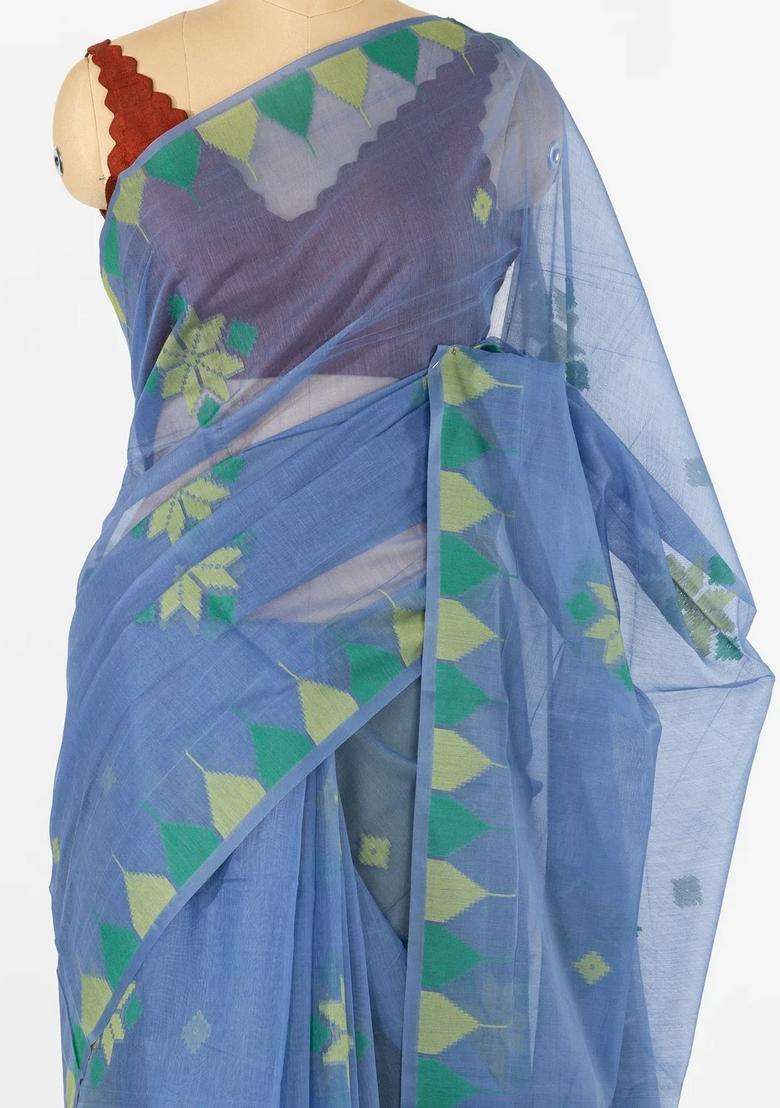 Blue Woven Synthetic Tussar Saree With Floral Motifs Temple Border With Korvai And Temple Border Design For Women - Indya