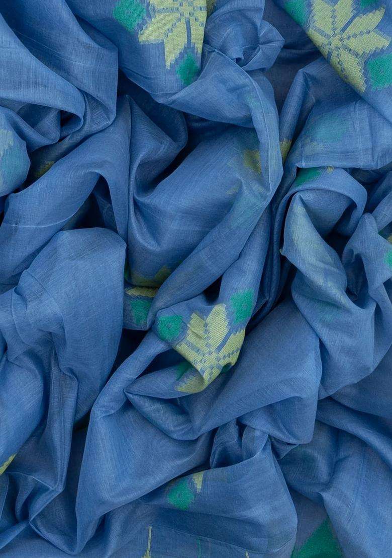 Blue Woven Synthetic Tussar Saree With Floral Motifs Temple Border With Korvai And Temple Border Design For Women - Indya