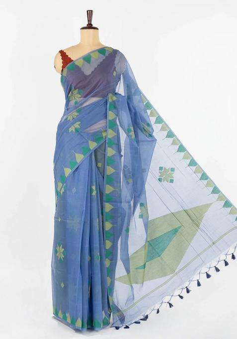 Blue Woven Synthetic Tussar Saree With Floral Motifs Temple Border With Korvai And Temple Border Design For Women