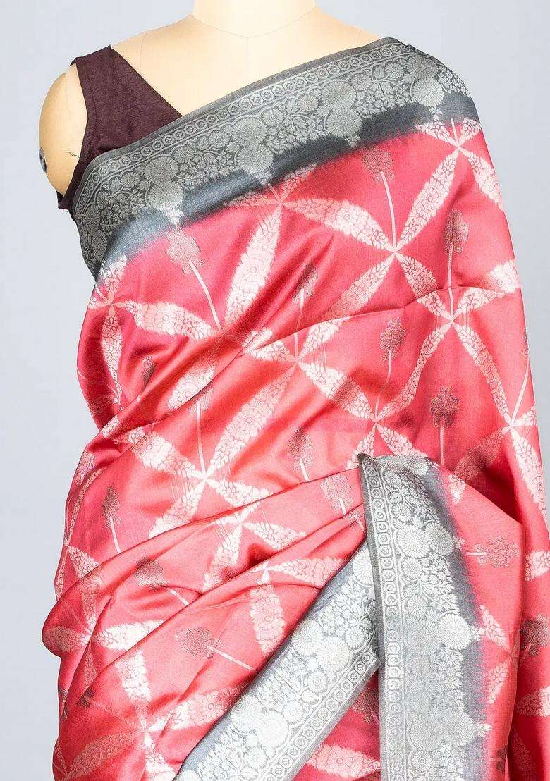 Peach Woven Synthetic Dupion Art Silk Saree With Floral Jaal Motifs With Buttas And Brocade Design For Women - Indya