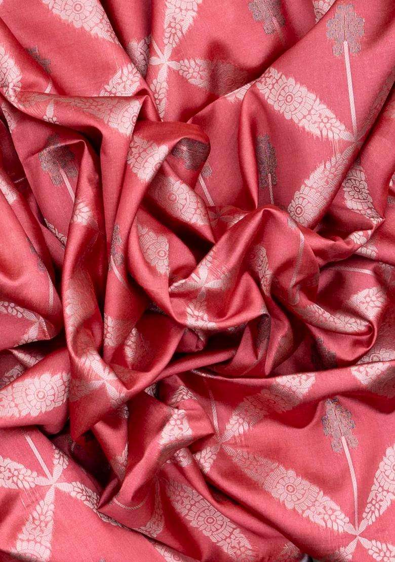 Peach Woven Synthetic Dupion Art Silk Saree With Floral Jaal Motifs With Buttas And Brocade Design For Women - Indya