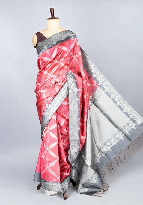 Peach Woven Synthetic Dupion Art Silk Saree With Floral Jaal Motifs With Buttas And Brocade Design For Women