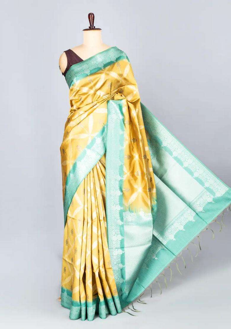 Gold Woven Synthetic Dupion Art Silk Saree With Floral Jaal Motifs With Buttas And Brocade Design For Women - Indya