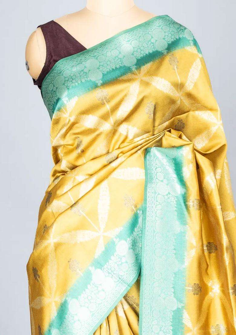 Gold Woven Synthetic Dupion Art Silk Saree With Floral Jaal Motifs With Buttas And Brocade Design For Women - Indya