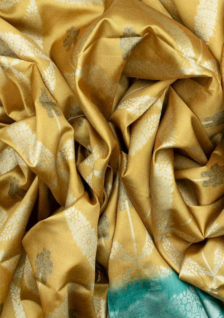 Gold Woven Synthetic Dupion Art Silk Saree With Floral Jaal Motifs With Buttas And Brocade Design For Women - Indya