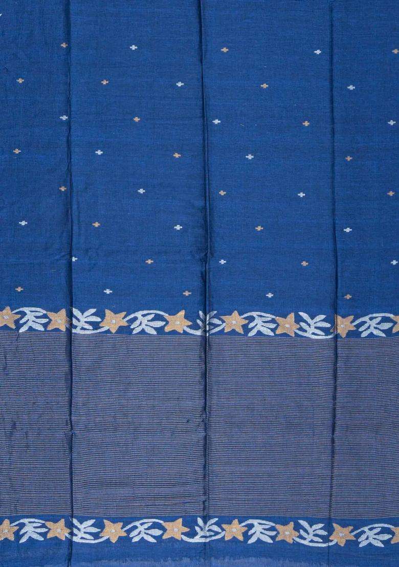 Indigo Handloom Tussar Linen Saree With Floral Motifs With Buttas And Brocade Design For Women - Indya