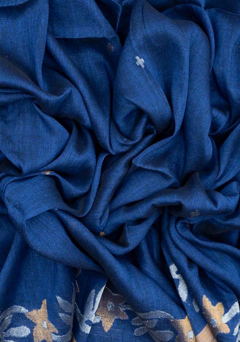 Indigo Handloom Tussar Linen Saree With Floral Motifs With Buttas And Brocade Design For Women - Indya