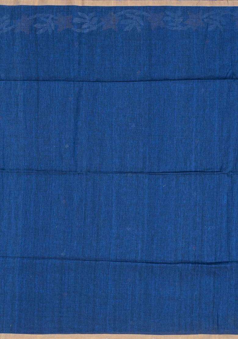 Indigo Handloom Tussar Linen Saree With Floral Motifs With Buttas And Brocade Design For Women - Indya