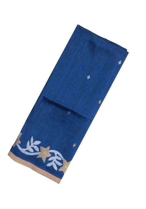 Indigo Handloom Tussar Linen Saree With Floral Motifs With Buttas And Brocade Design For Women