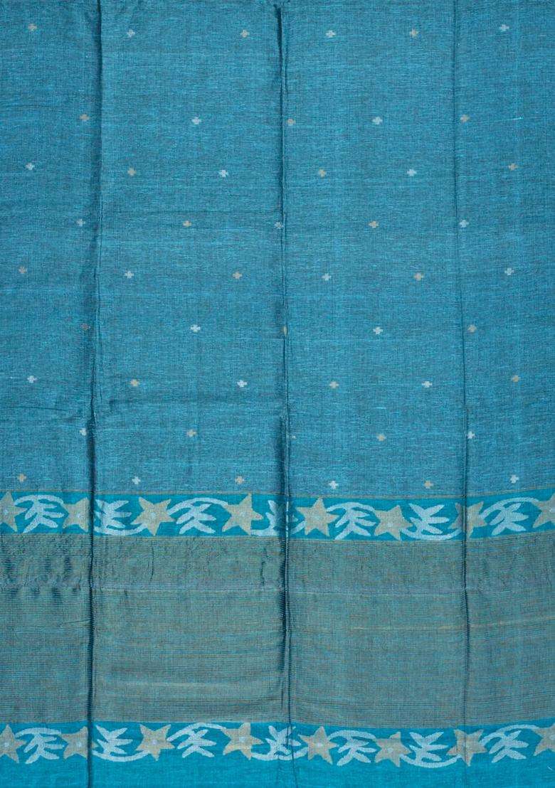 Cyan Handloom Tussar Linen Saree With Floral Motifs With Buttas And Brocade Design For Women - Indya