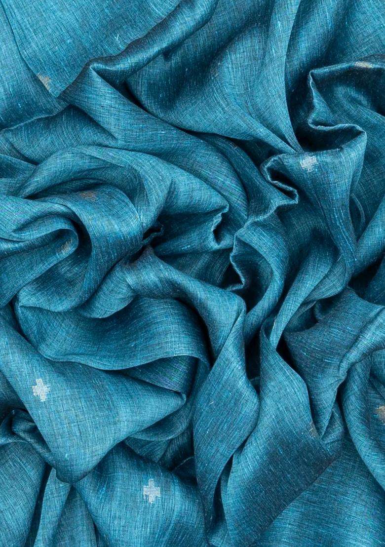 Cyan Handloom Tussar Linen Saree With Floral Motifs With Buttas And Brocade Design For Women - Indya