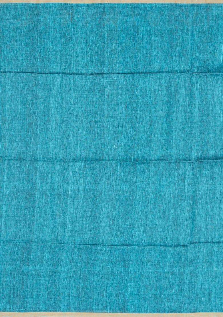 Cyan Handloom Tussar Linen Saree With Floral Motifs With Buttas And Brocade Design For Women - Indya