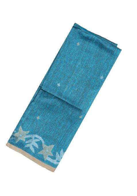 Cyan Handloom Tussar Linen Saree With Floral Motifs With Buttas And Brocade Design For Women