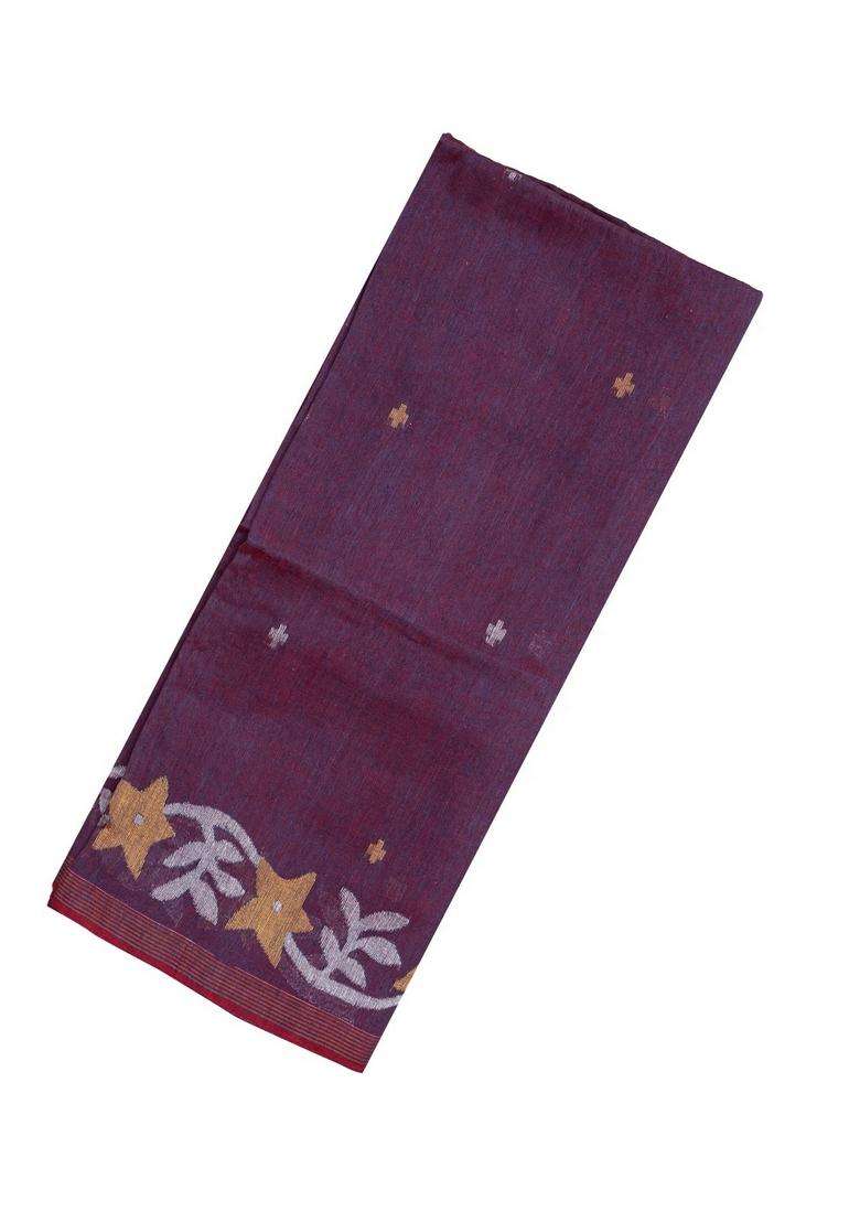 Maroon Handloom Tussar Linen Saree With Floral Motifs With Buttas And Brocade Design For Women - Indya