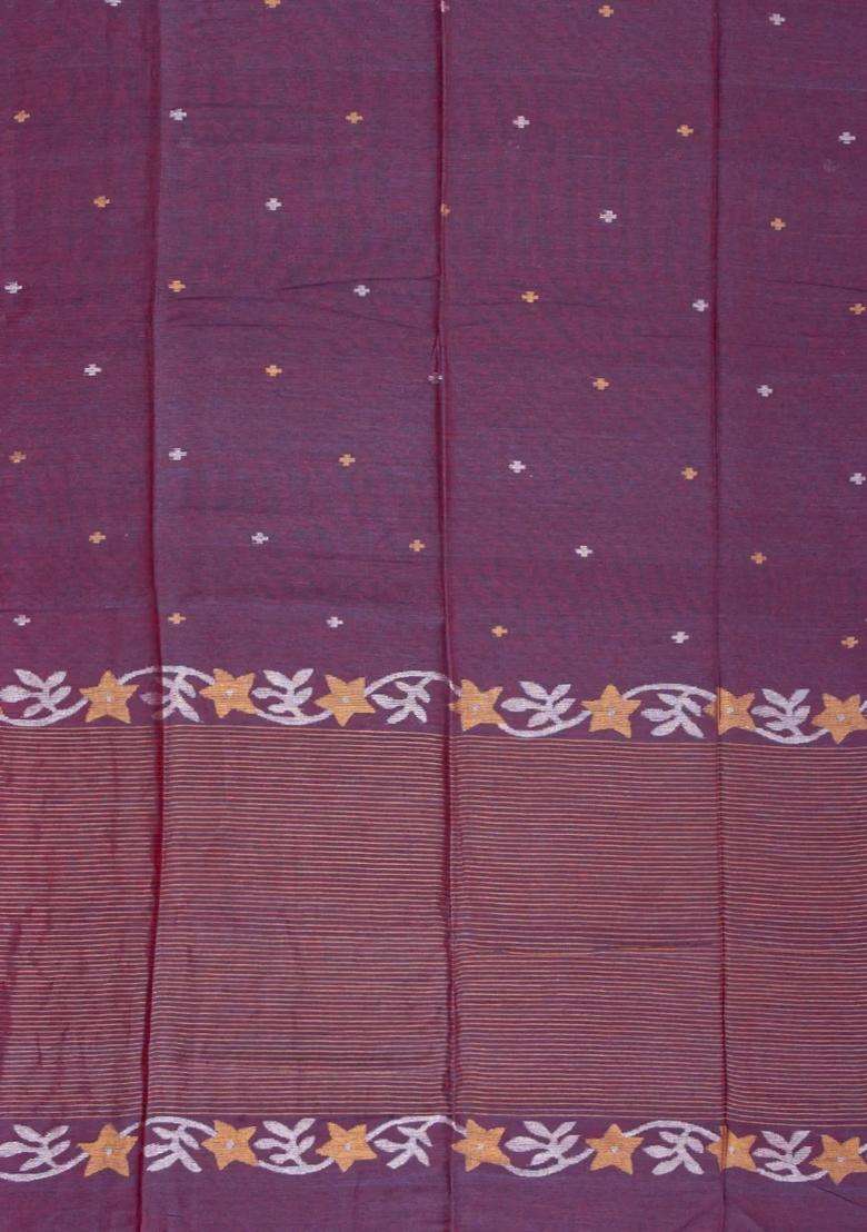 Maroon Handloom Tussar Linen Saree With Floral Motifs With Buttas And Brocade Design For Women - Indya