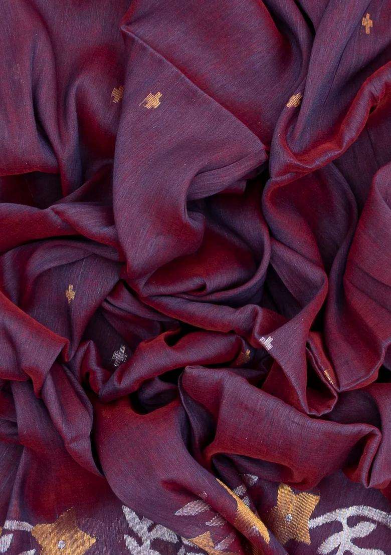 Maroon Handloom Tussar Linen Saree With Floral Motifs With Buttas And Brocade Design For Women - Indya