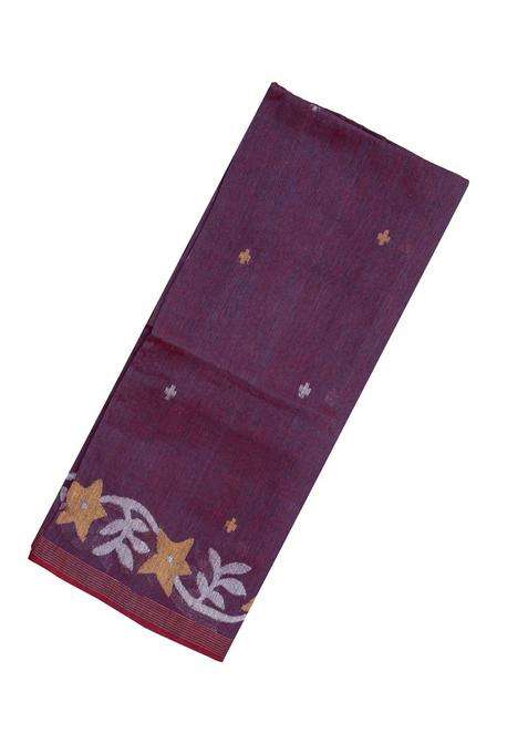 Maroon Handloom Tussar Linen Saree With Floral Motifs With Buttas And Brocade Design For Women