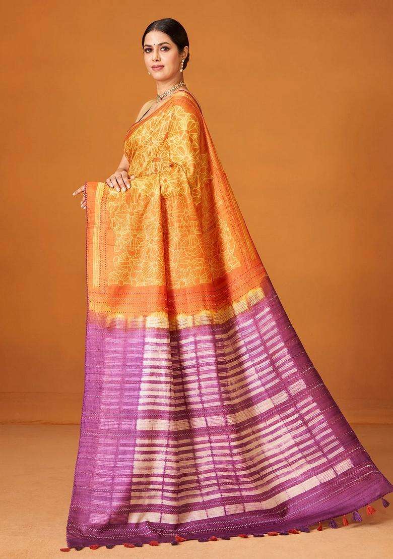 Mango Yellow Woven Tussar Silk Saree With Printed Floral Motifs For Women - Indya