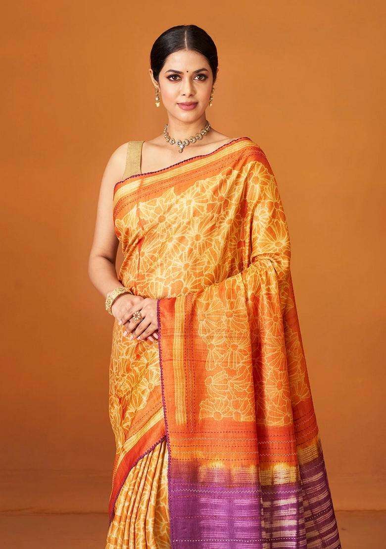 Mango Yellow Woven Tussar Silk Saree With Printed Floral Motifs For Women - Indya