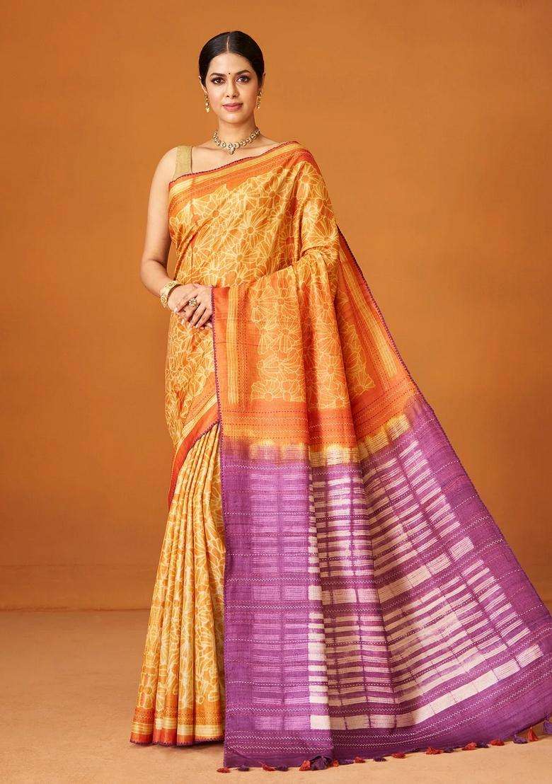 Mango Yellow Woven Tussar Silk Saree With Printed Floral Motifs For Women - Indya