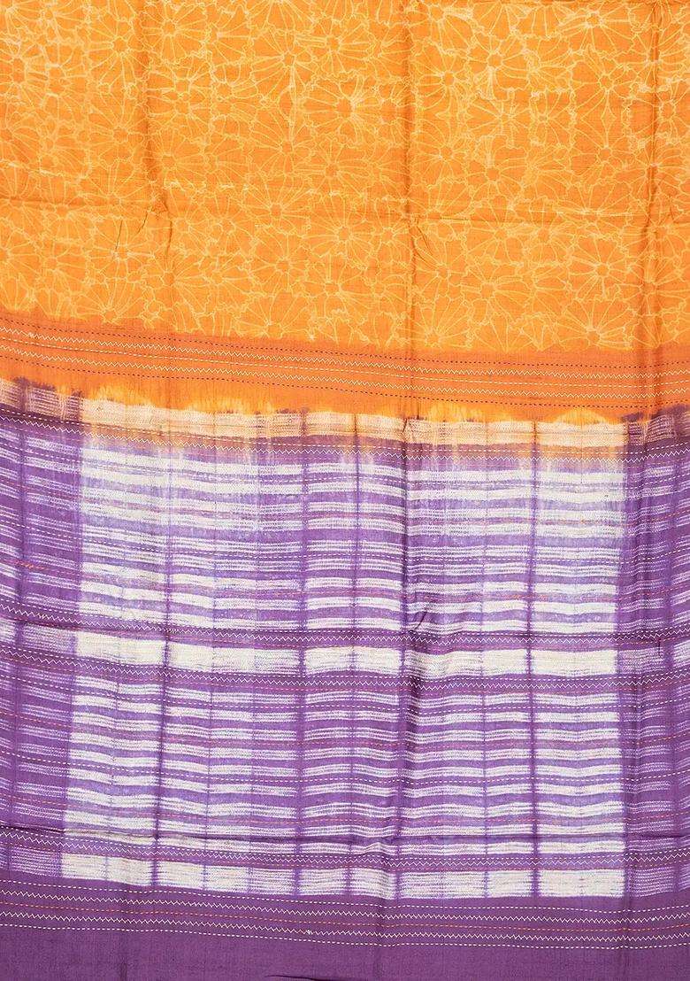 Mango Yellow Woven Tussar Silk Saree With Printed Floral Motifs For Women - Indya