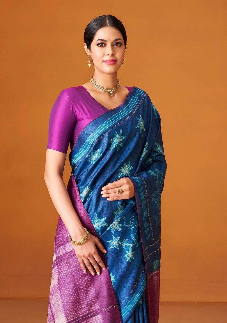 Indigo Woven Tussar Silk Saree With Printed Floral Motifs For Women - Indya