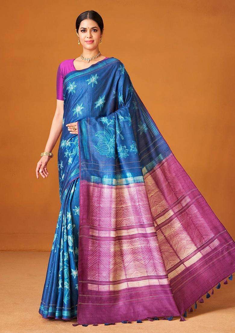 Indigo Woven Tussar Silk Saree With Printed Floral Motifs For Women - Indya