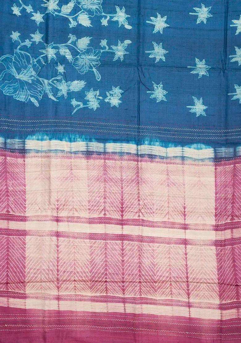 Indigo Woven Tussar Silk Saree With Printed Floral Motifs For Women - Indya