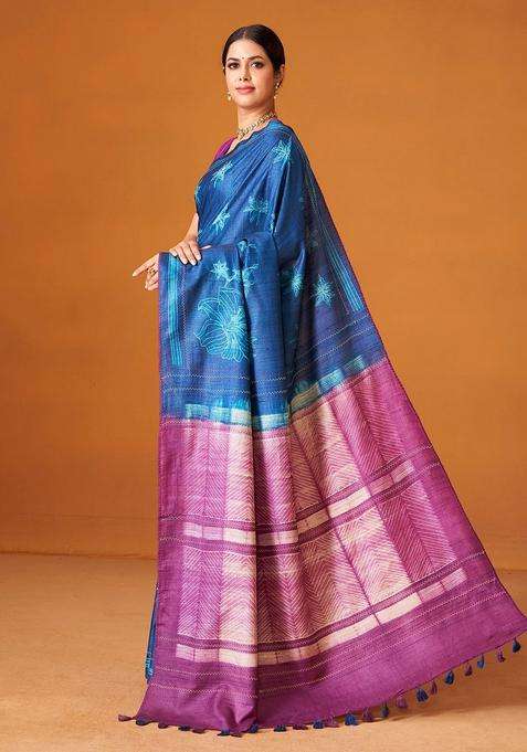 Indigo Woven Tussar Silk Saree With Printed Floral Motifs For Women