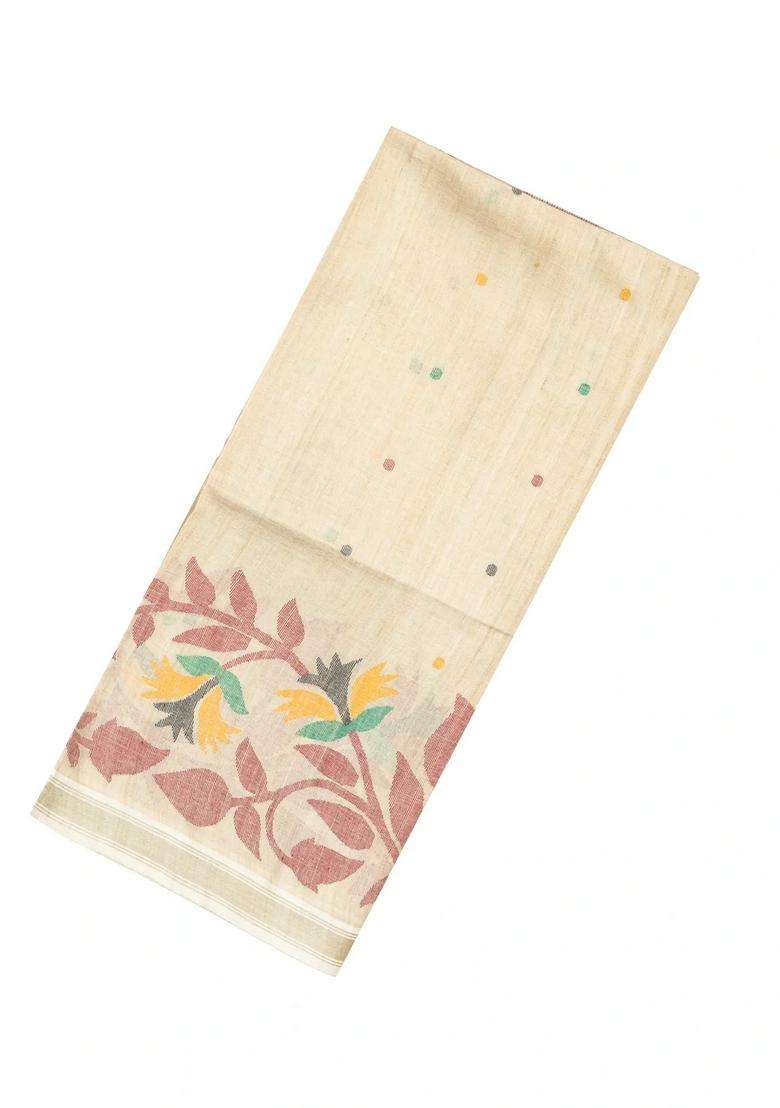 Taupe Handloom Tussar Silk Saree With Meena Floral Motifs With Buttas And Brocade Design For Women - Indya