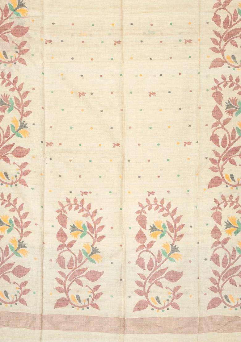 Taupe Handloom Tussar Silk Saree With Meena Floral Motifs With Buttas And Brocade Design For Women - Indya