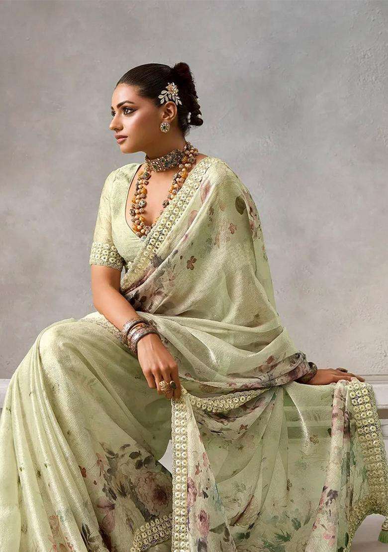 Mint Green Woven Blended Chiffon Tissue Saree With Printed Floral Motifs Zircon Work For Women - Indya
