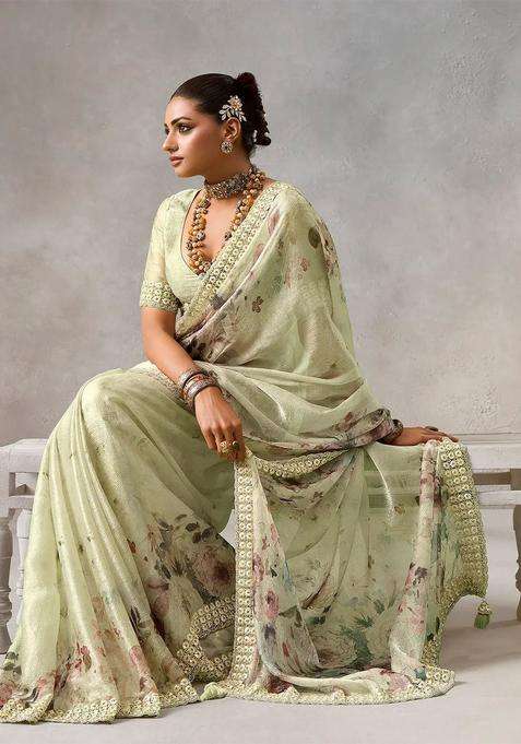 Mint Green Woven Blended Chiffon Tissue Saree With Printed Floral Motifs Zircon Work For Women