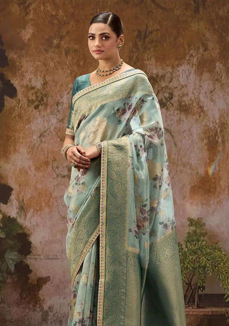 Turquoise Woven Blended Organza Saree With Printed Floral Motifs Zircon Work With Embroidered Design For Women - Indya