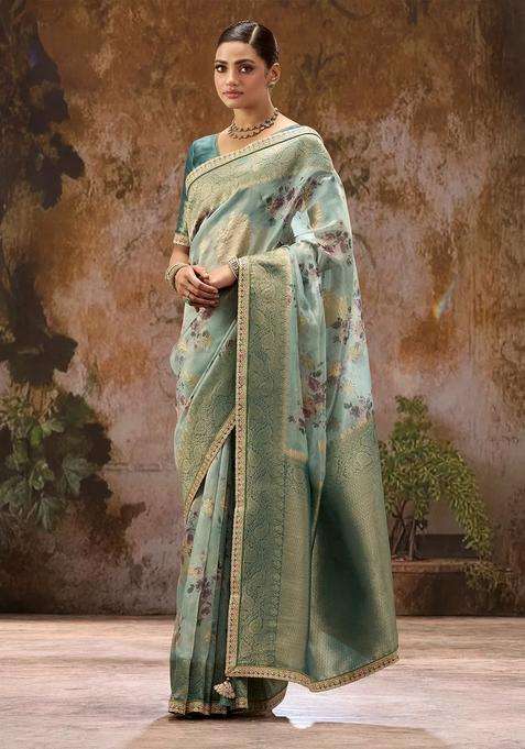 Turquoise Woven Blended Organza Saree With Printed Floral Motifs Zircon Work With Embroidered Design For Women