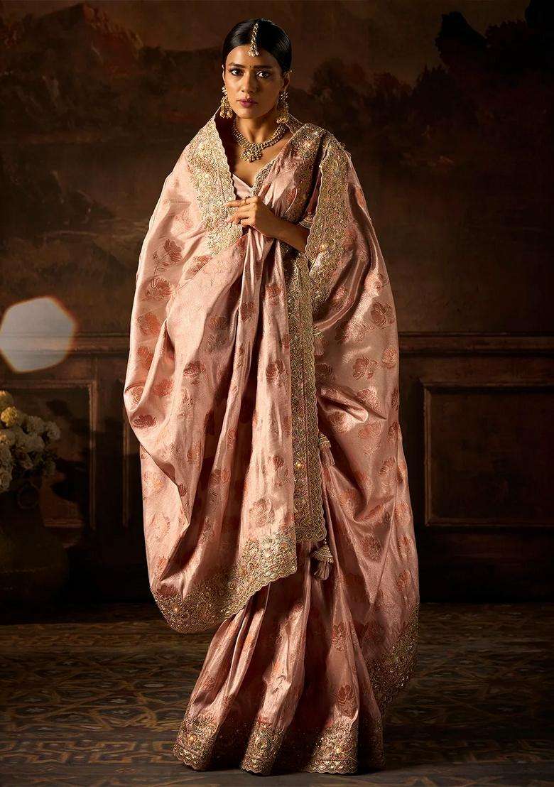 Dusty Pink Woven Blended Tissue Saree With Heavy Embroidered Motifs Zircon Work For Women - Indya