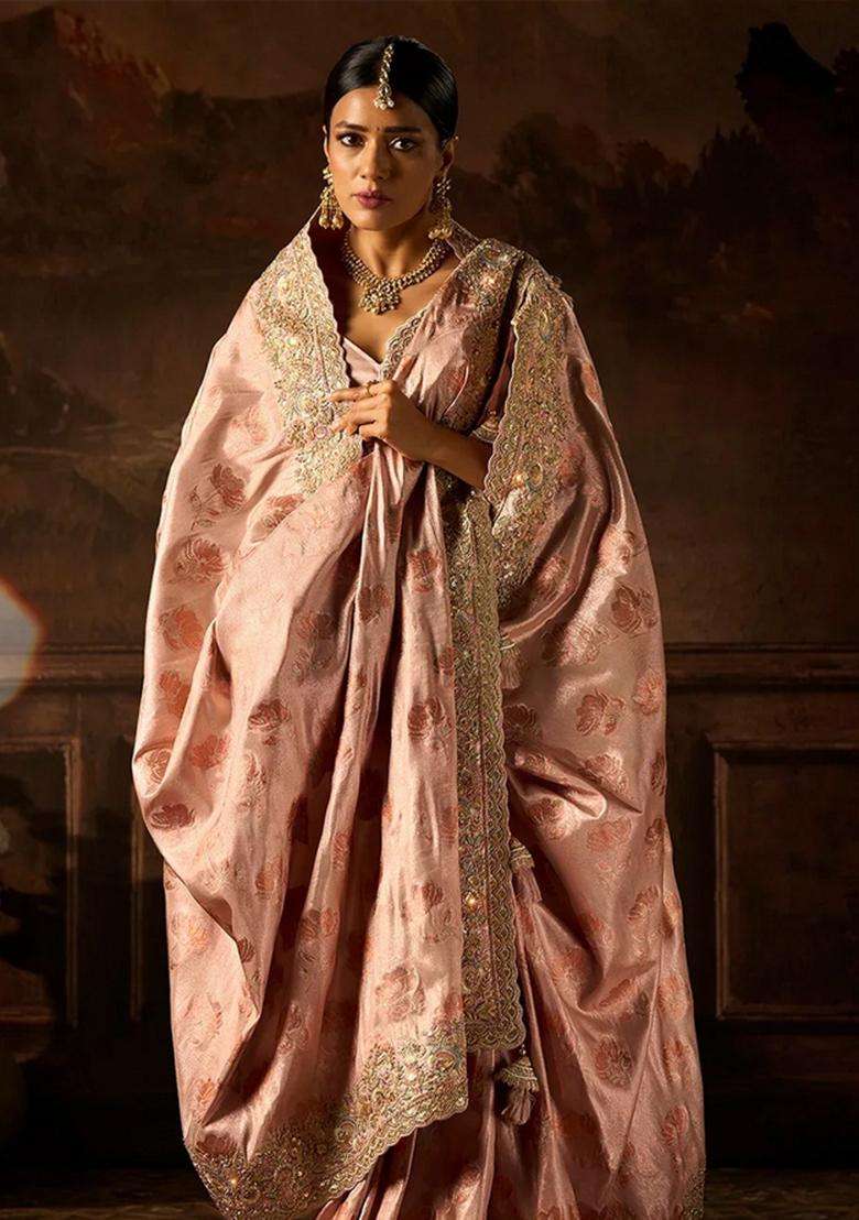 Dusty Pink Woven Blended Tissue Saree With Heavy Embroidered Motifs Zircon Work For Women - Indya