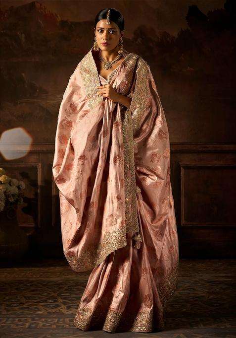 Dusty Pink Woven Blended Tissue Saree With Heavy Embroidered Motifs Zircon Work For Women
