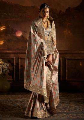 Grey Woven Blended Tissue Saree With Heavy Embroidered Motifs Zircon Work For Women