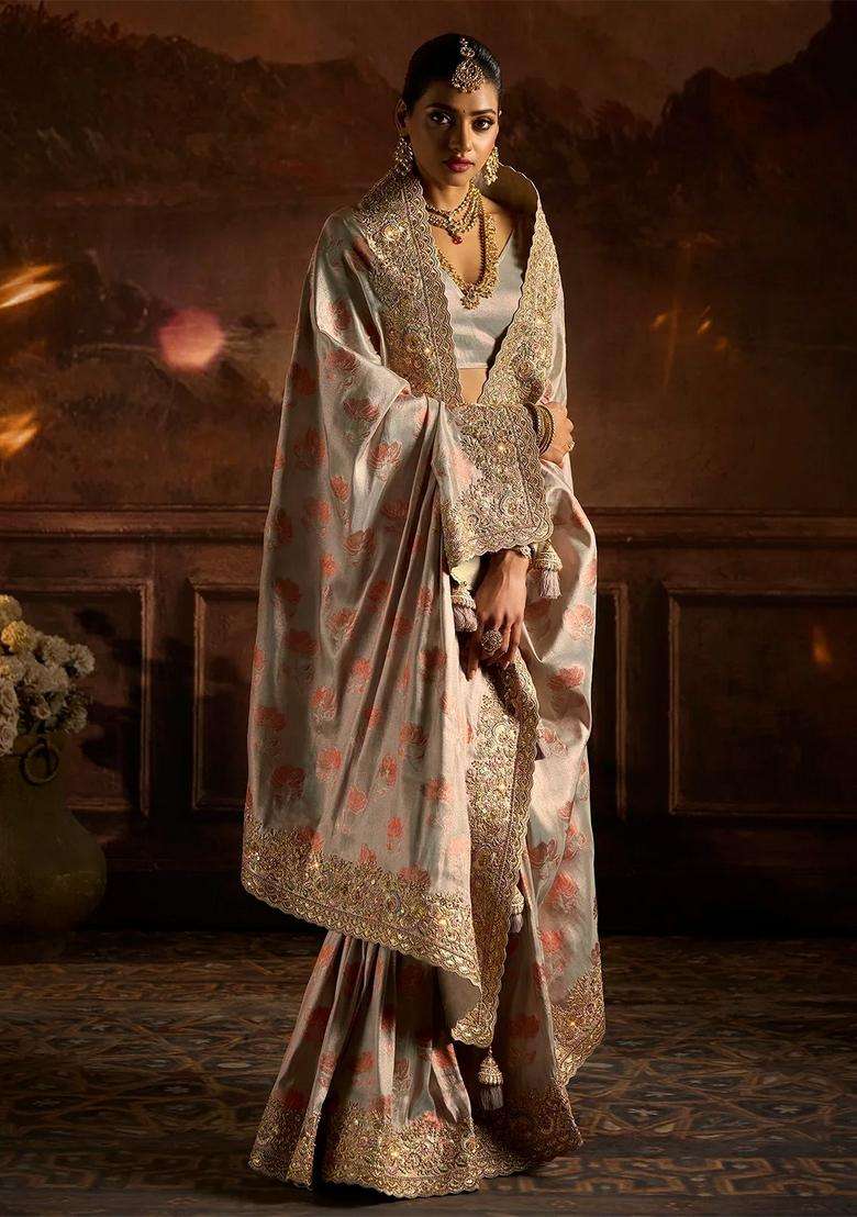 Grey Woven Blended Tissue Saree With Heavy Embroidered Motifs Zircon Work For Women - Indya