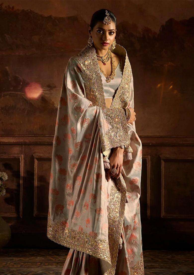 Grey Woven Blended Tissue Saree With Heavy Embroidered Motifs Zircon Work For Women - Indya