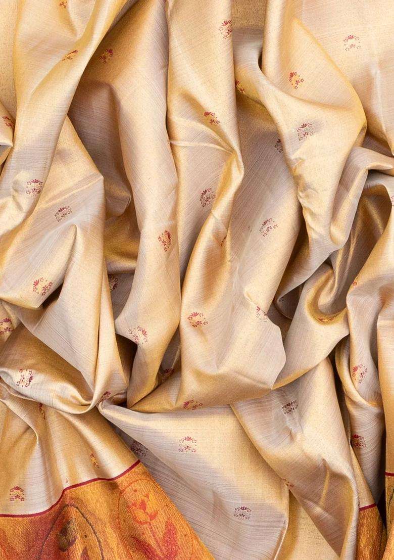 Gold Handloom Tissue Kanchipuram Silk Saree With Meena Floral Motifs With Buttas And Brocade Design For Women - Indya