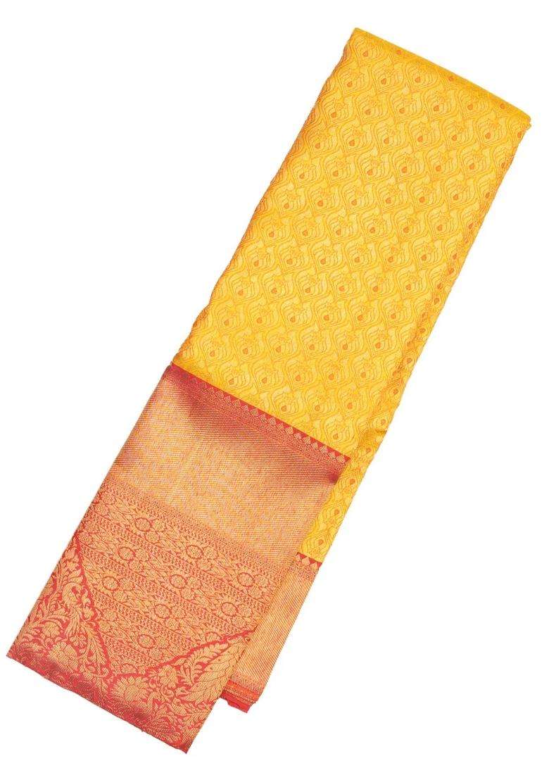 Yellow Handloom Kanchipuram Silk Saree Floral Zari Motifs Contrast Border With Buttas And Brocade Design For Women - Indya