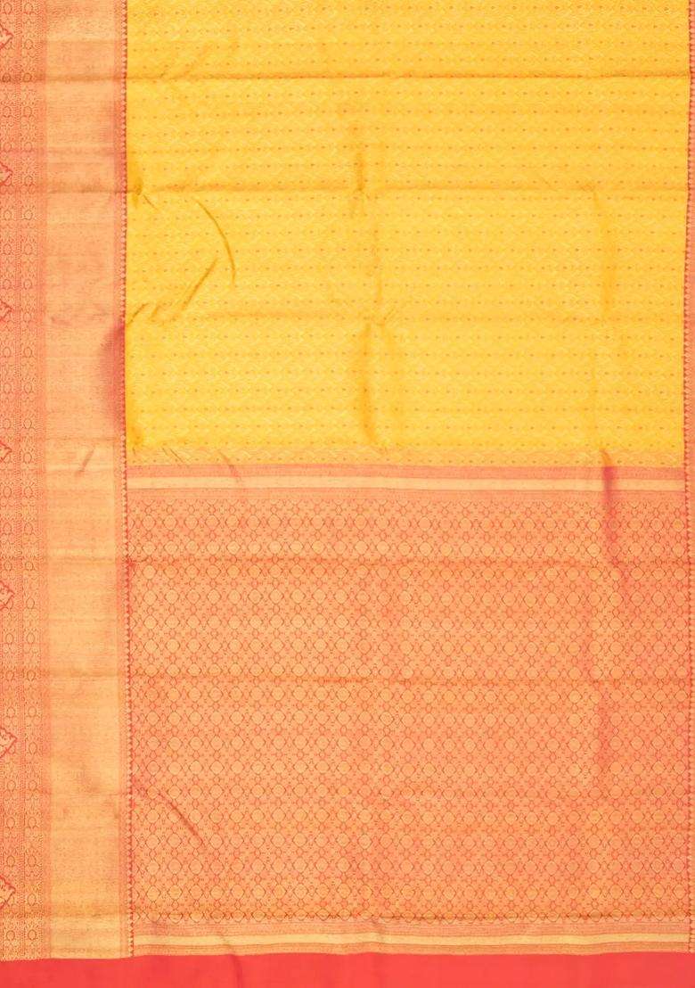 Yellow Handloom Kanchipuram Silk Saree Floral Zari Motifs Contrast Border With Buttas And Brocade Design For Women - Indya