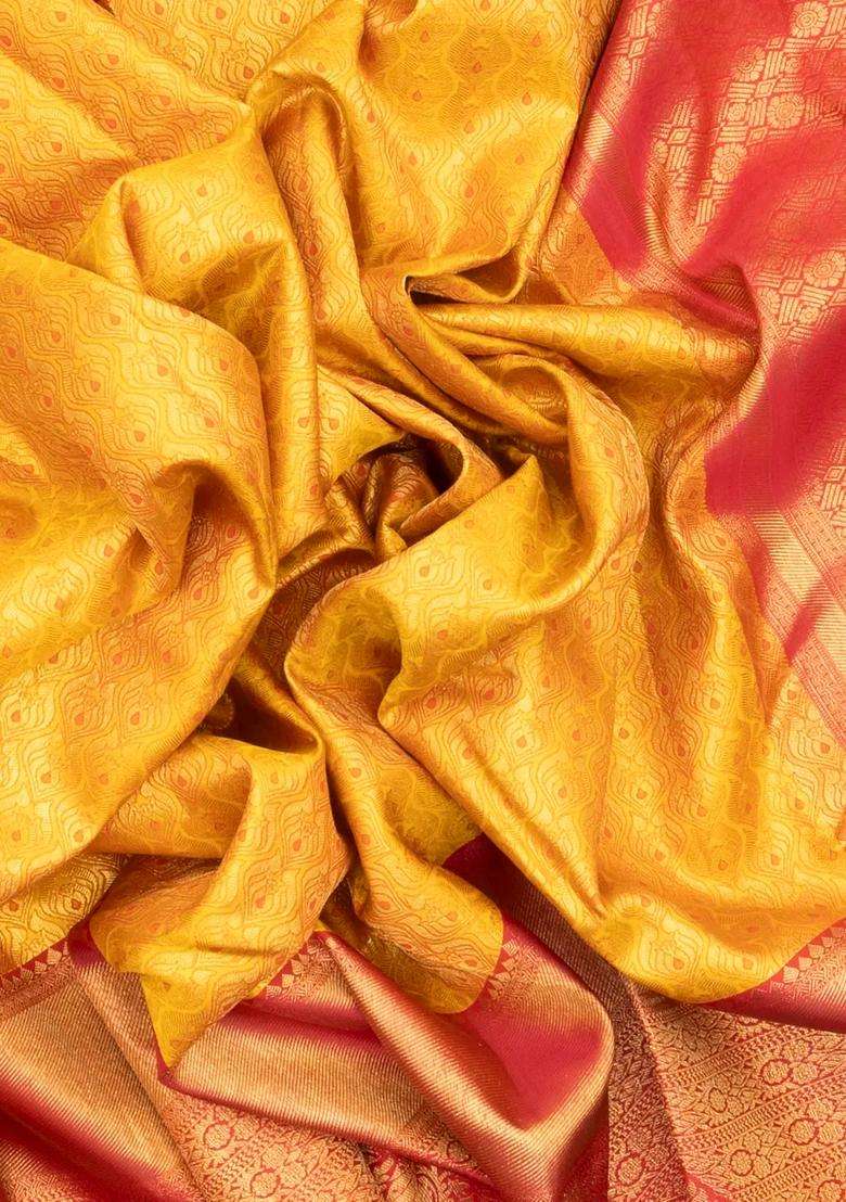 Yellow Handloom Kanchipuram Silk Saree Floral Zari Motifs Contrast Border With Buttas And Brocade Design For Women - Indya